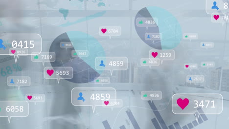 Animation-of-notification-bars,-infographic-interface,-time-lapse-of-people-walking-against-window