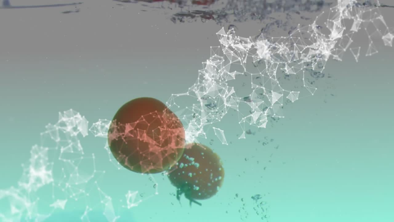 Onda di particelle che scorre, poi sfere arancioni che si intersecano schizzando sulla superficie dell'acqua e sollevando bolle.