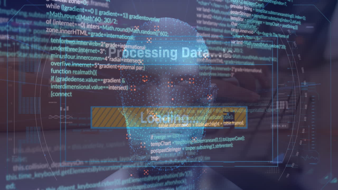 Animation of loading text, bar, computer language, digital face on cropped hands typing on keyboard