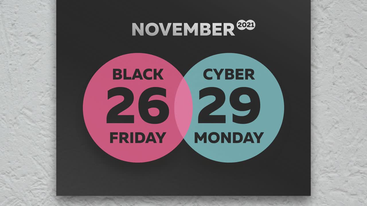 Close-up of a black beautiful banner on the wall and two big colored circles with the dates of Black Friday and Cyber Monday appearing in front of it