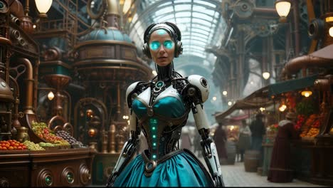 robot steampunk en un mercado
