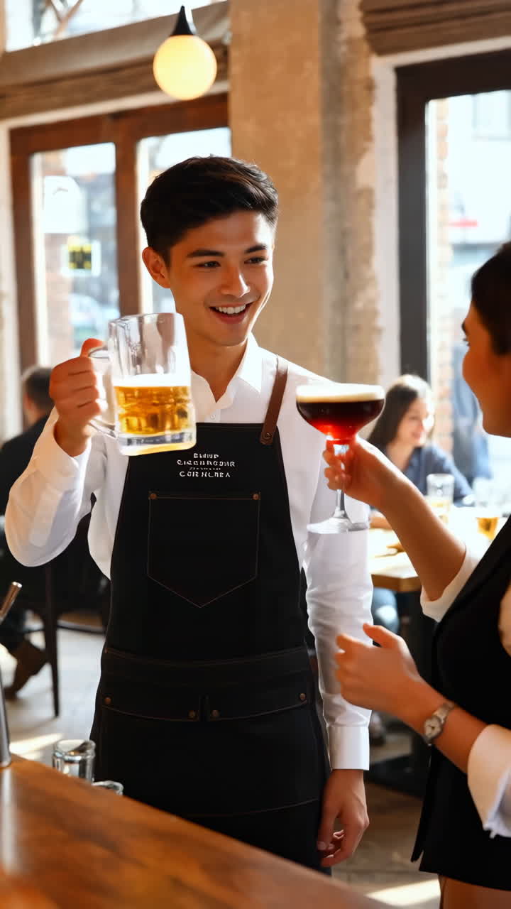 Bartender serving drinks to customers at a bar
