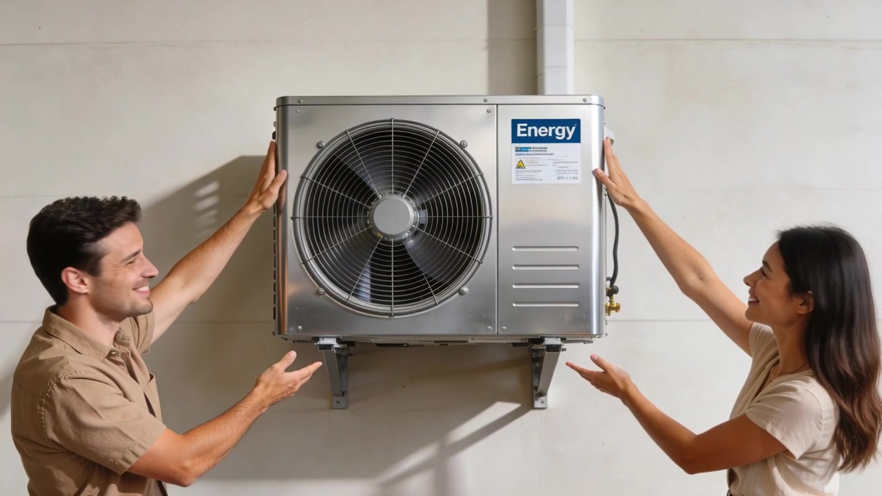 Framing couple presenting mounted Energy condenser on outside wall, wearing short-sleeve shirts