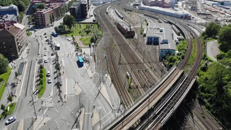 drone flyover of major road and rail links, gothenburg, sweden