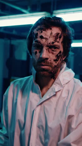 abandoned laboratory scene with disfigured scientist