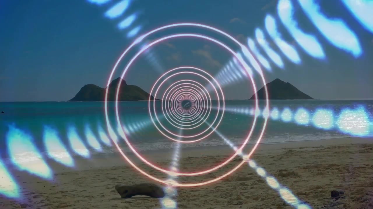 Neon rings and radial blue bands appearing and tightening, translating toward beach forming tunnel
