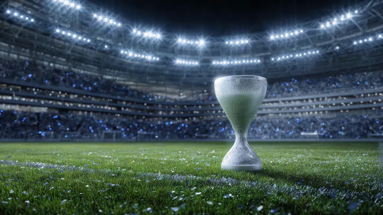 Shining Trophy Displayed on the Field in a Grand Stadium Enhancing the Atmosphere of Anticipation and Celebration in Sports Culture