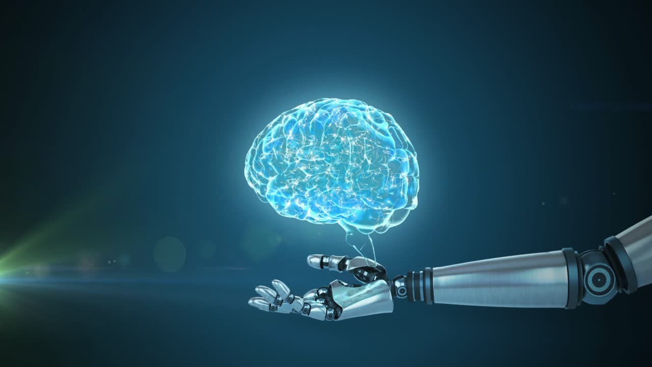 Animation of human brain over robot's arm on blue background