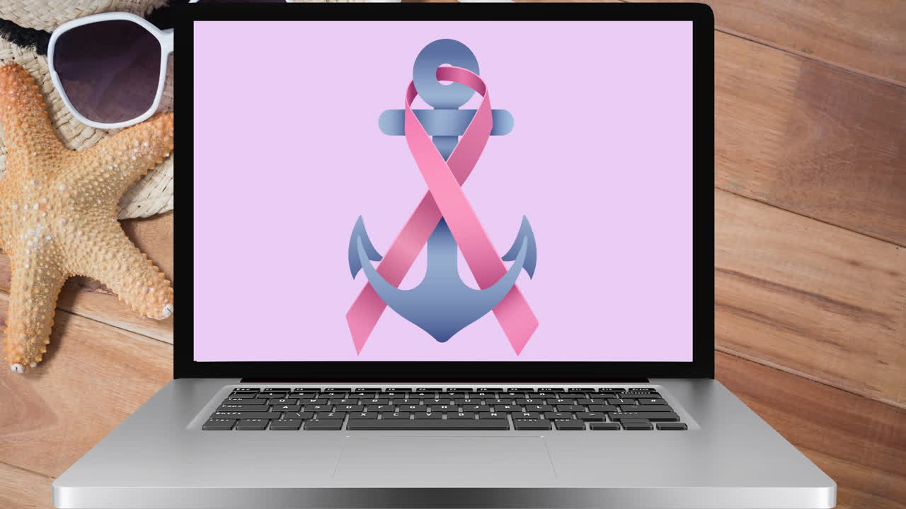 animación del logotipo del anclaje de cinta rosa en la pantalla del portátil