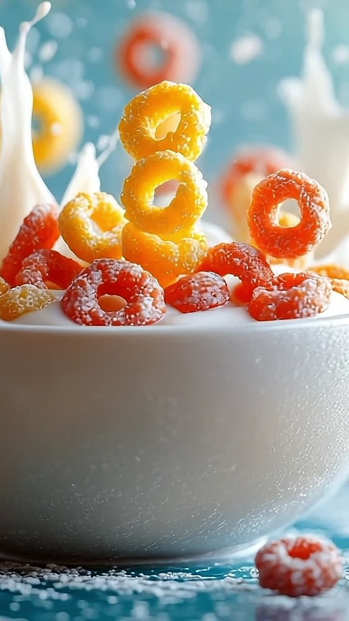 Colorful cereal splashes in creamy milk. Bowl filled with colorful cereal splashes as milk is poured, creating a vibrant and dynamic breakfast moment.