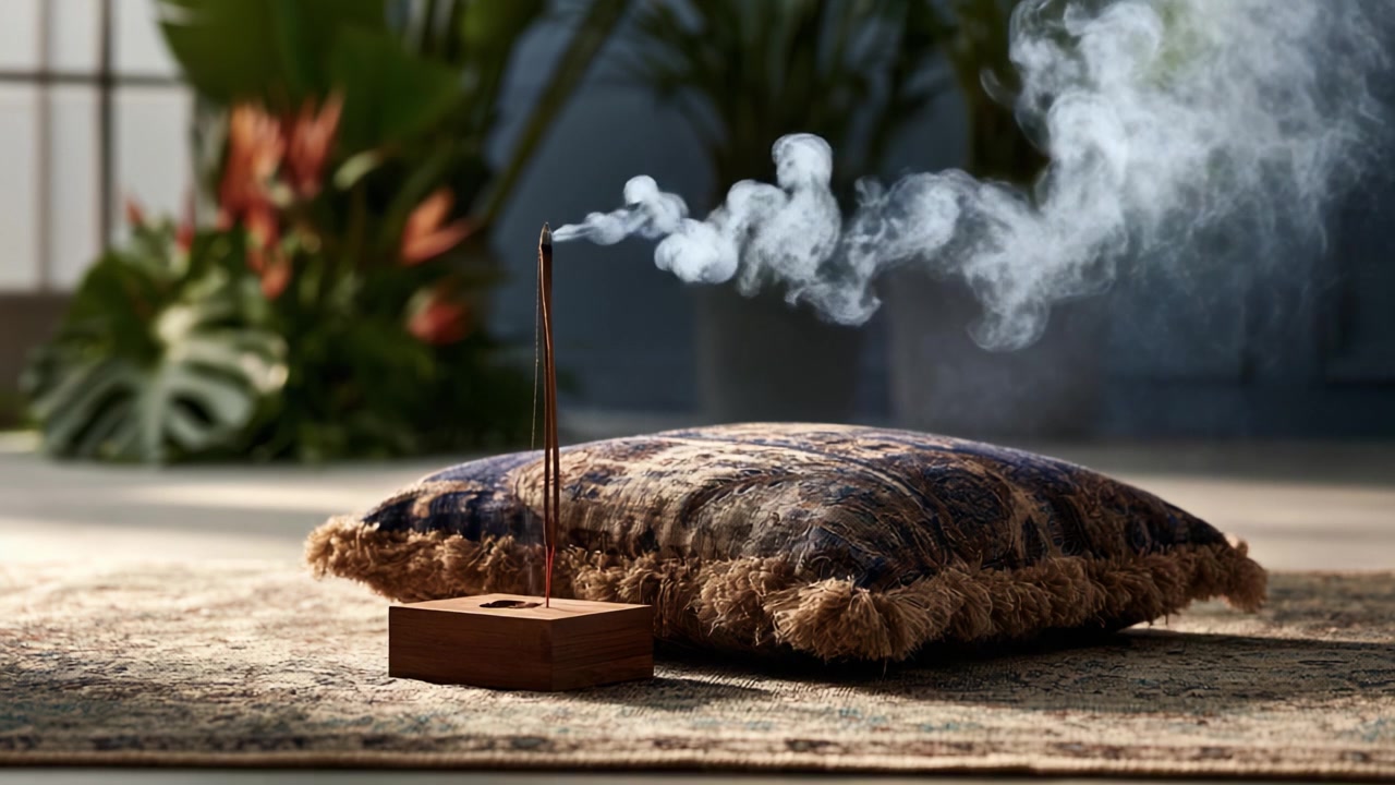Scène tranquille avec de la fumée d'encens s'élevant d'un porte-encens en bois à côté d'un coussin décoratif, évoquant un sentiment de calme et de sérénité dans un cadre intérieur élégant