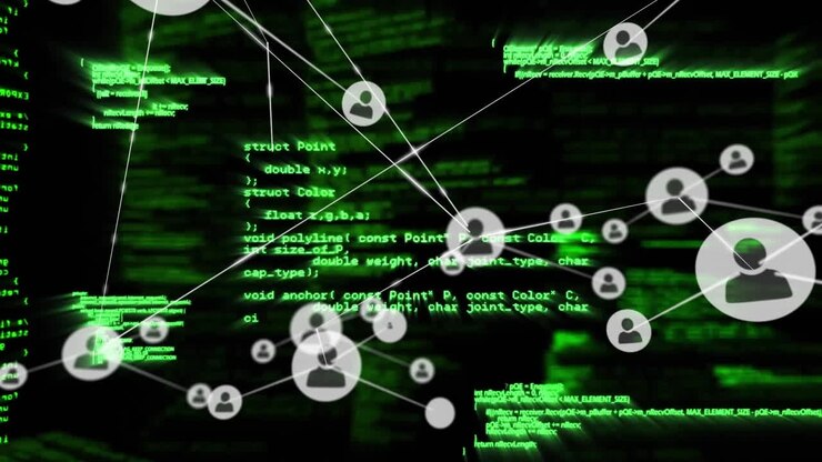 Animation of network of connections with icons and financial data processing