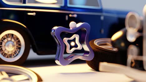3d rendering of ball rolling in loop on shiny gear near retro car