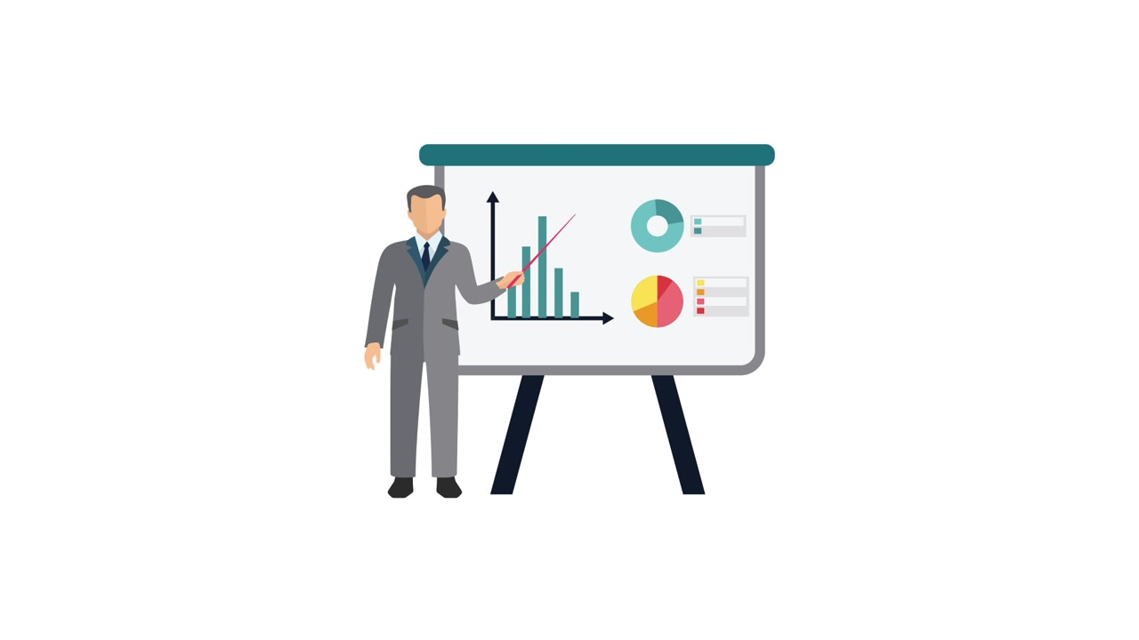 Animated Businessman Presenting Data and Charts on Whiteboard
