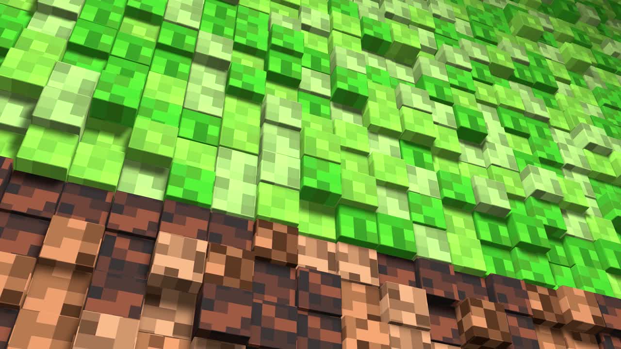 3d cubos abstractos. videojuego minecraft patrón de ondas de mosaico geométrico. construcción de paisajes de colinas utilizando bloques de hierba marrón y verde. estilo minecraft. bucle de animación 3d de 4k