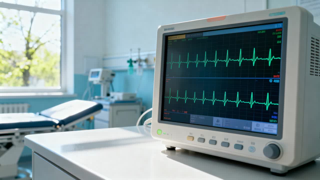 Monitor ECG che riceve alimentazione da cavi, registra i segni vitali in sala esami, spazio per il testo