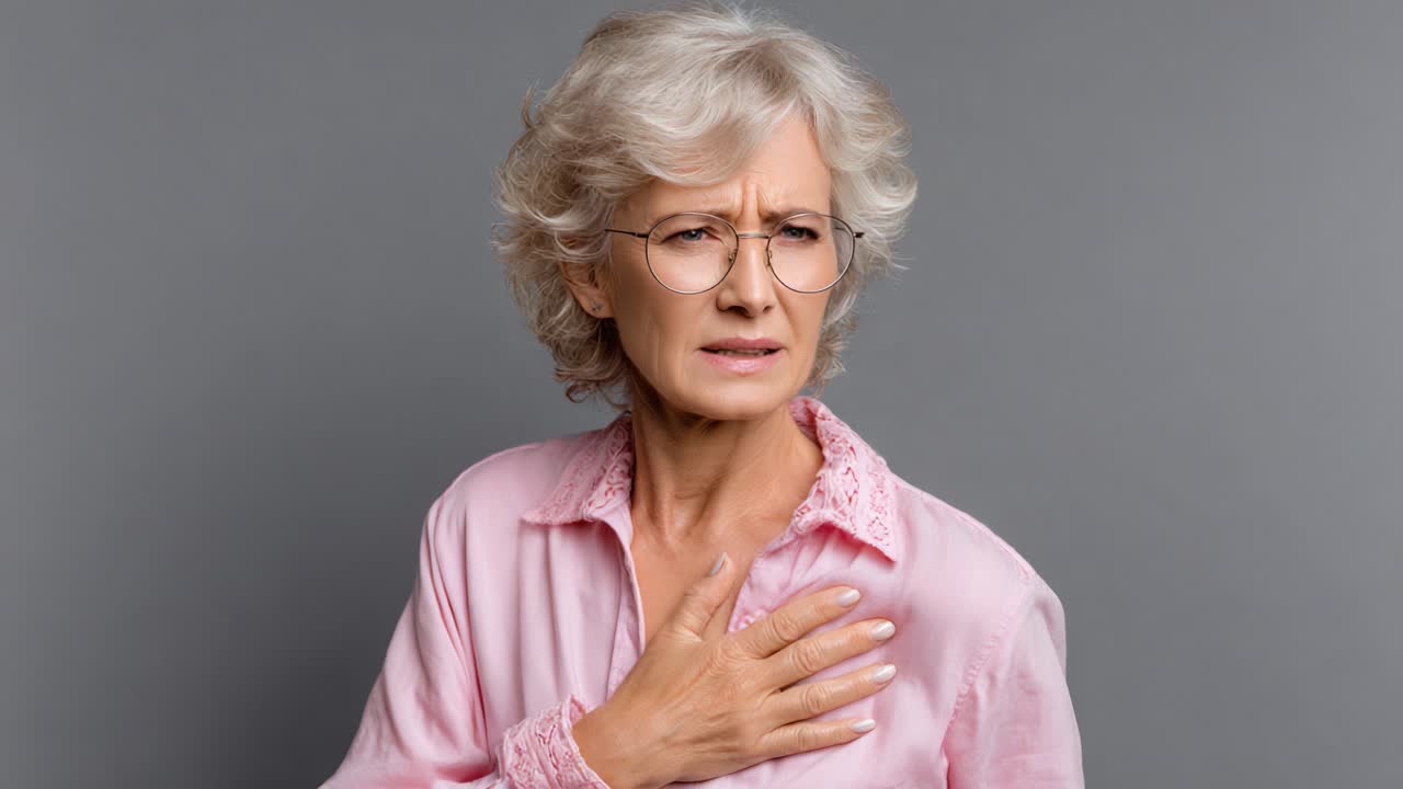 An Older Woman Experiences Discomfort, Displaying Concern and Anxiety, in a Neutrally Colored Setting, Highlighting Vulnerability and Health Issues