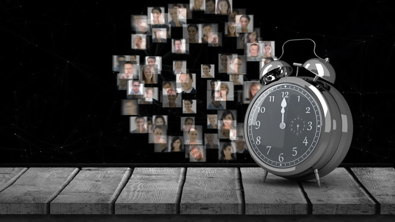 Animation of vintage alarm clock moving fast and ringing over globe formed with people photographs