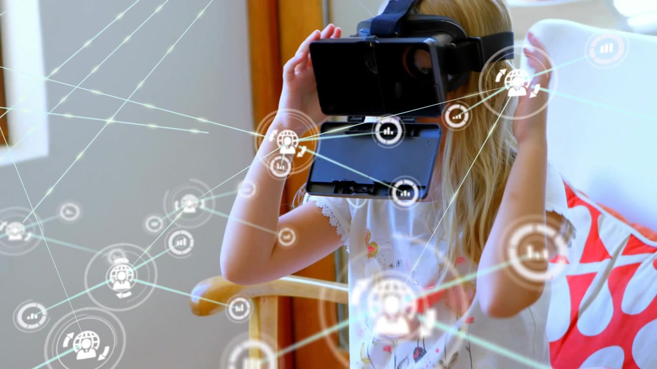 A young woman is using a virtual reality headset in her living room at home