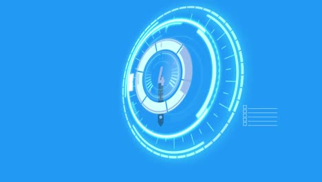 animación del procesamiento de datos y el escaneo del alcance con cuenta atrás sobre fondo azul