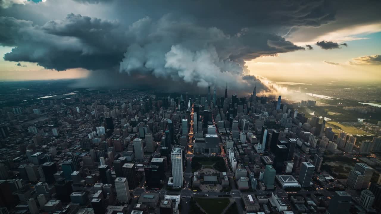 Nuvola a mensola in avanzamento che si muove sopra lo skyline del centro, proiettando ombra sui grattacieli e sul nucleo di pioggia.
