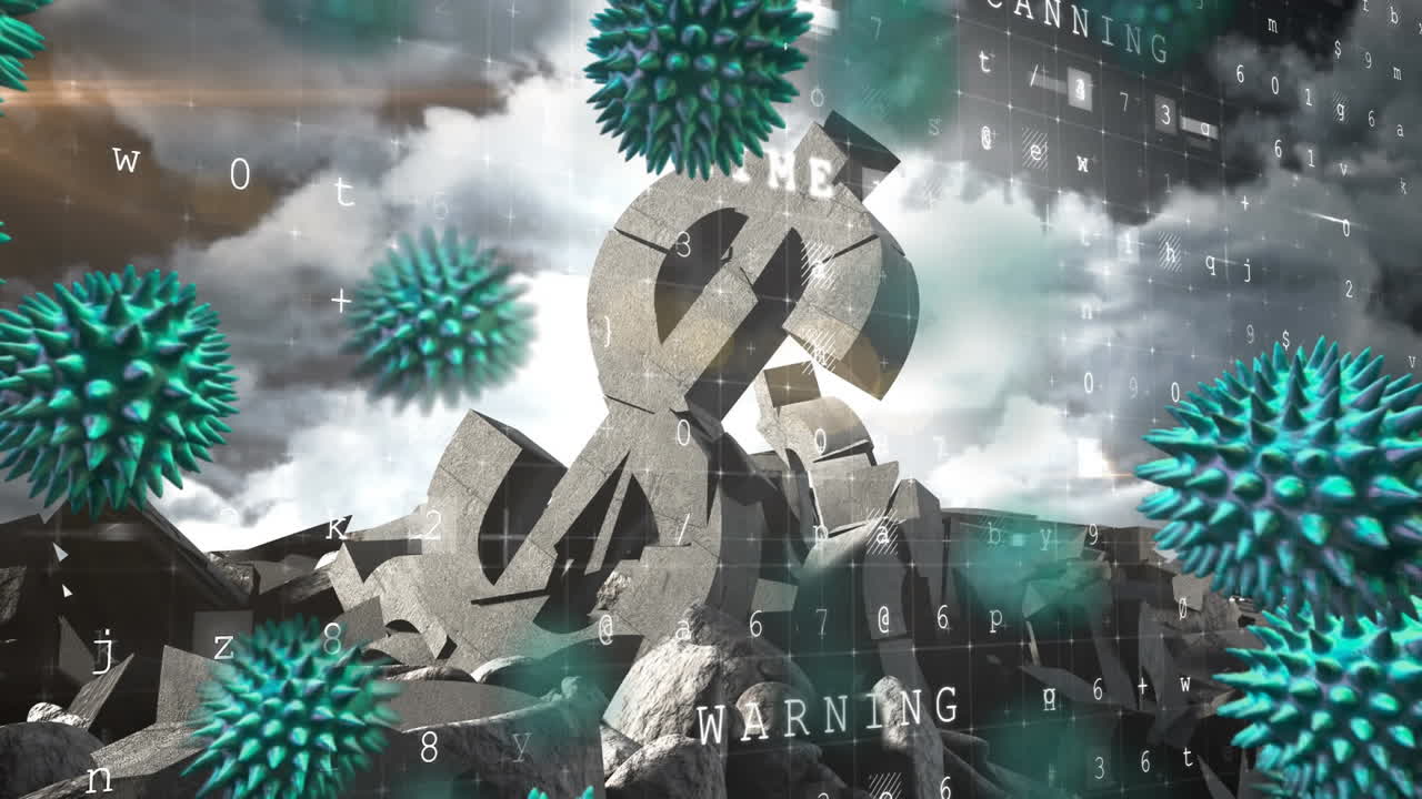 여러 코로나19 세포와 사이버 데이터 처리가 하늘에 대한 부러진 달러 통화 기호를 통해