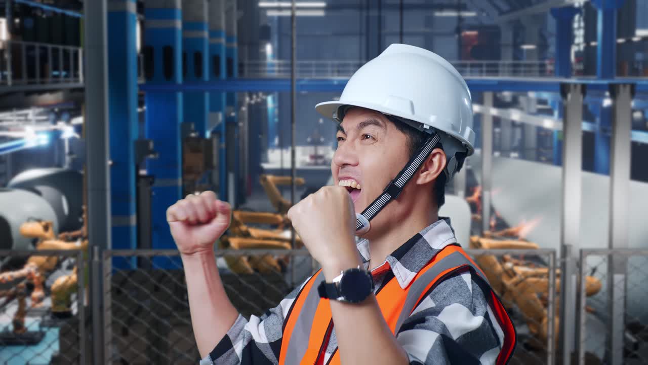 안전 헬을 착용한 아시아 남성 엔지니어의 가까운 측면 뷰. 풍력 터빈을 제조하는 공장에서 일하는 것을 축하하는 목표를 서서 비명을 지르고 있습니다.