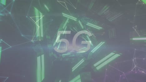 Animation-of-5g-text-banner-and-plexus-network-against-neon-tunnel-spinning-in-seamless-pattern