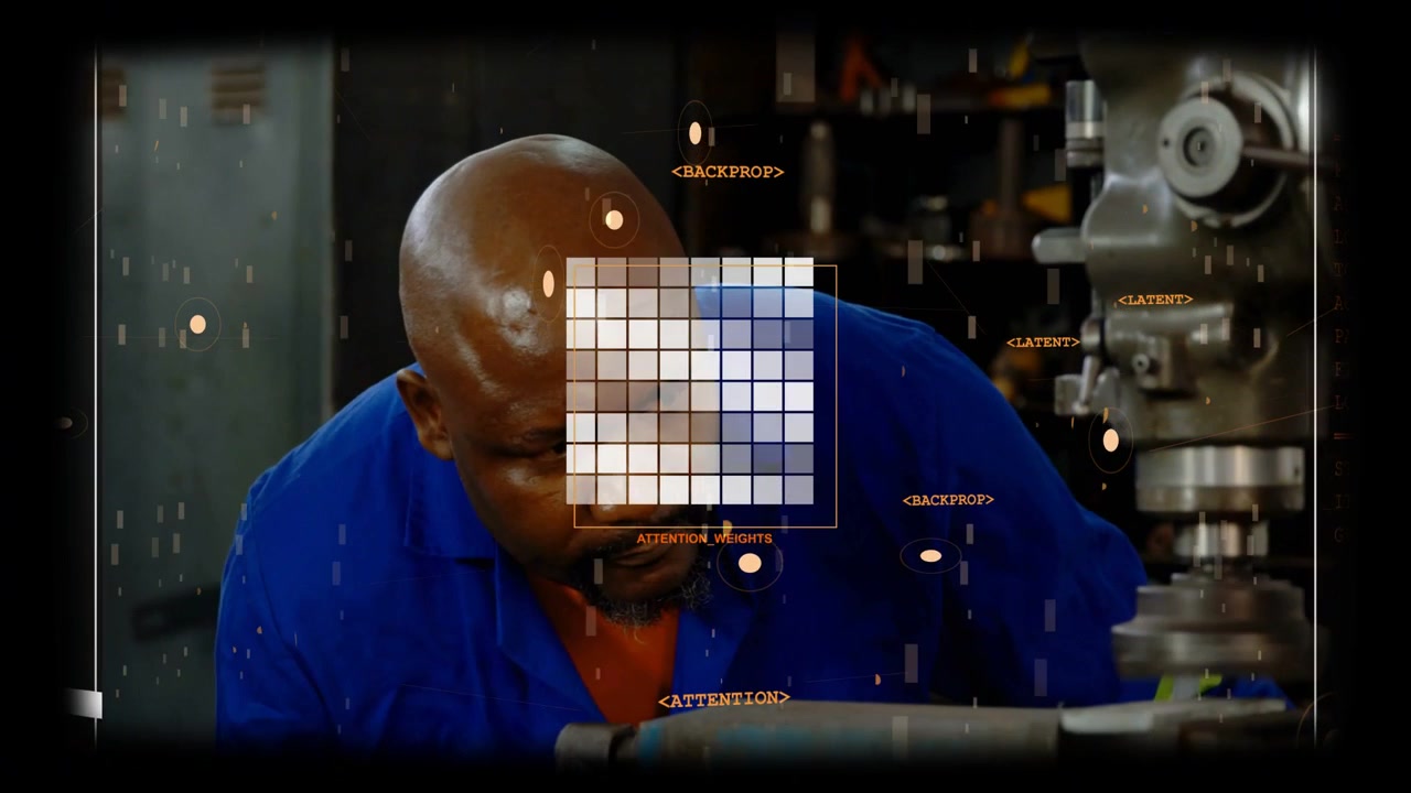 HUD overlay appearing, machinist leaning, shifting head and inspecting spindle and workpiece for QC