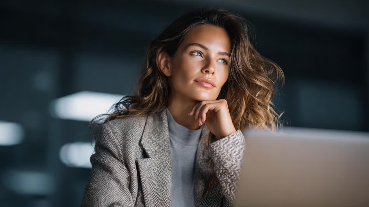 A Thoughtful Woman in a Cozy Office Setting, Reflecting Deeply as She Contemplates Her Next Move, with Elegant Style and a Focused Expression During a Quiet Moment