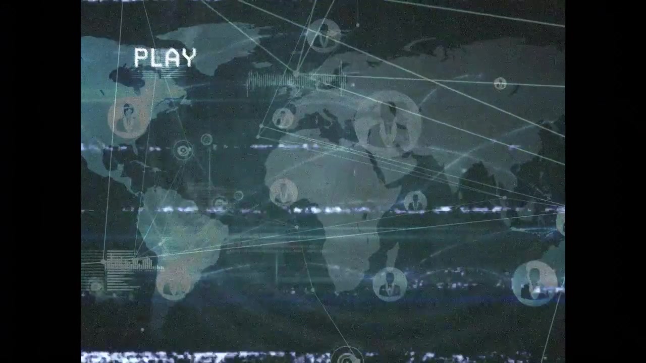 Appare l'etichetta PLAY, mappa del mondo stilizzata che genera nodi e anelli HUD per visualizzare i collegamenti globali