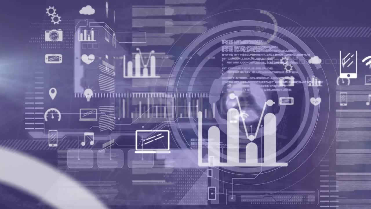 Animation of round scanner and data processing against light spot on purple background