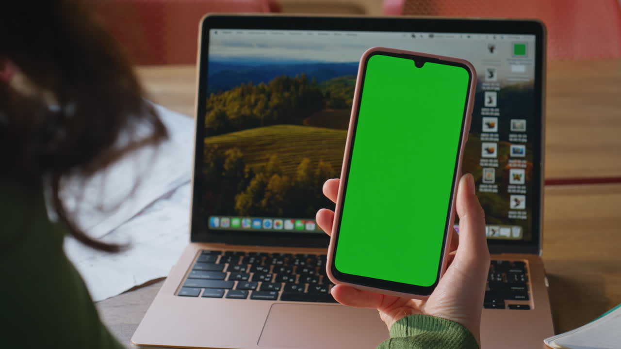 Lady fingers zooming mockup cellphone at office closeup. Specialist surfing web