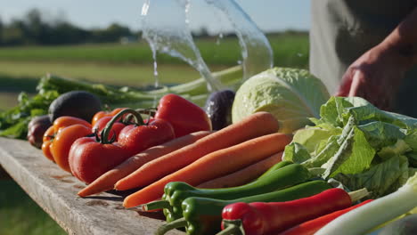 washing freshly harvested vegetables outdoors