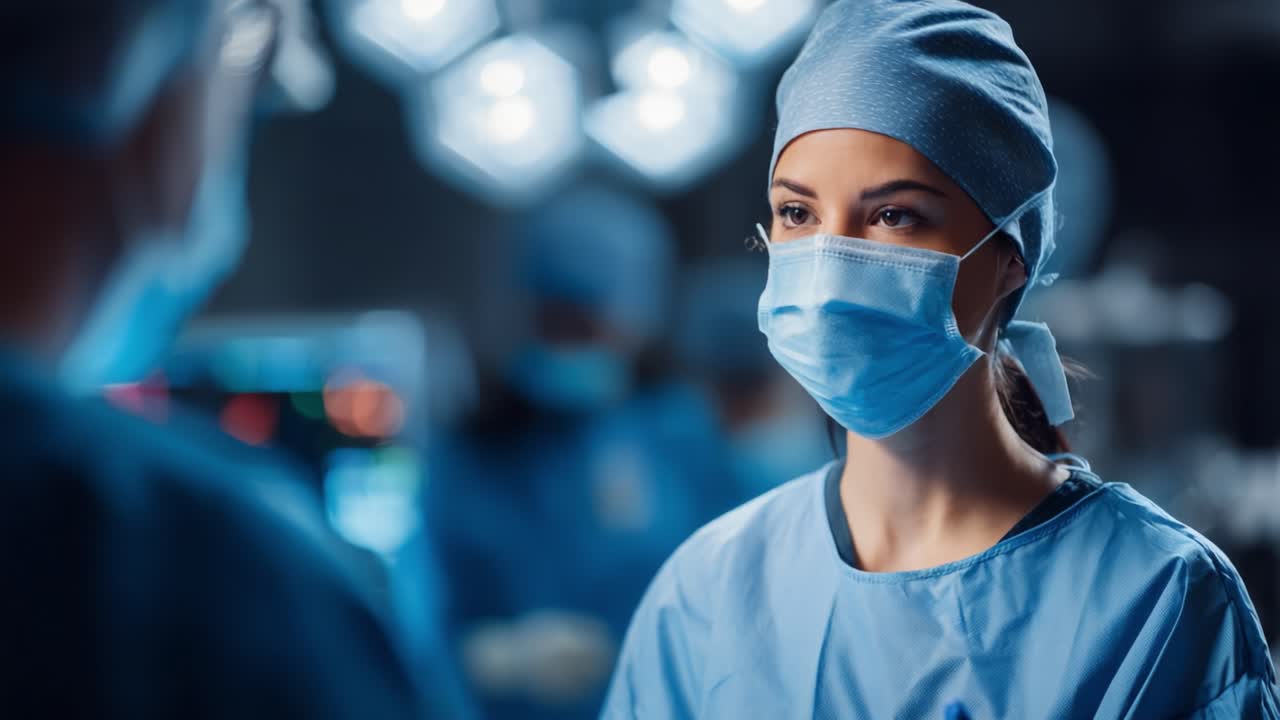 A focused medical professional in scrubs and mask engages in a crucial discussion in a hospital environment, showcasing dedication and teamwork in healthcare