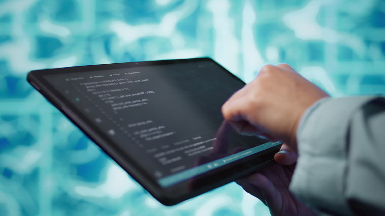 Close up of IT professional using tablet, building AI algorithms