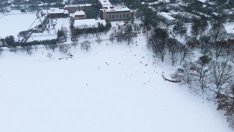 Aerial shot of a few people sledding on a small hill in Piedmont Park Atlanta.