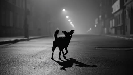 silhouetted dog standing on a foggy street at night