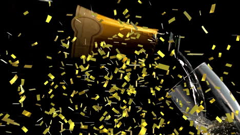 Animation-of-golden-confetti-falling-over-champagne-pouring-in-a-glass-against-black-background