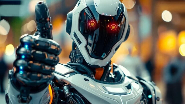 Un robot con una pistola puntata alla telecamera