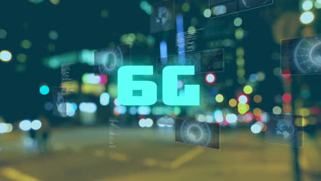 animación de texto de 6g, procesamiento de datos y escaneo de ámbitos en pantallas sobre luces de la ciudad fuera de foco