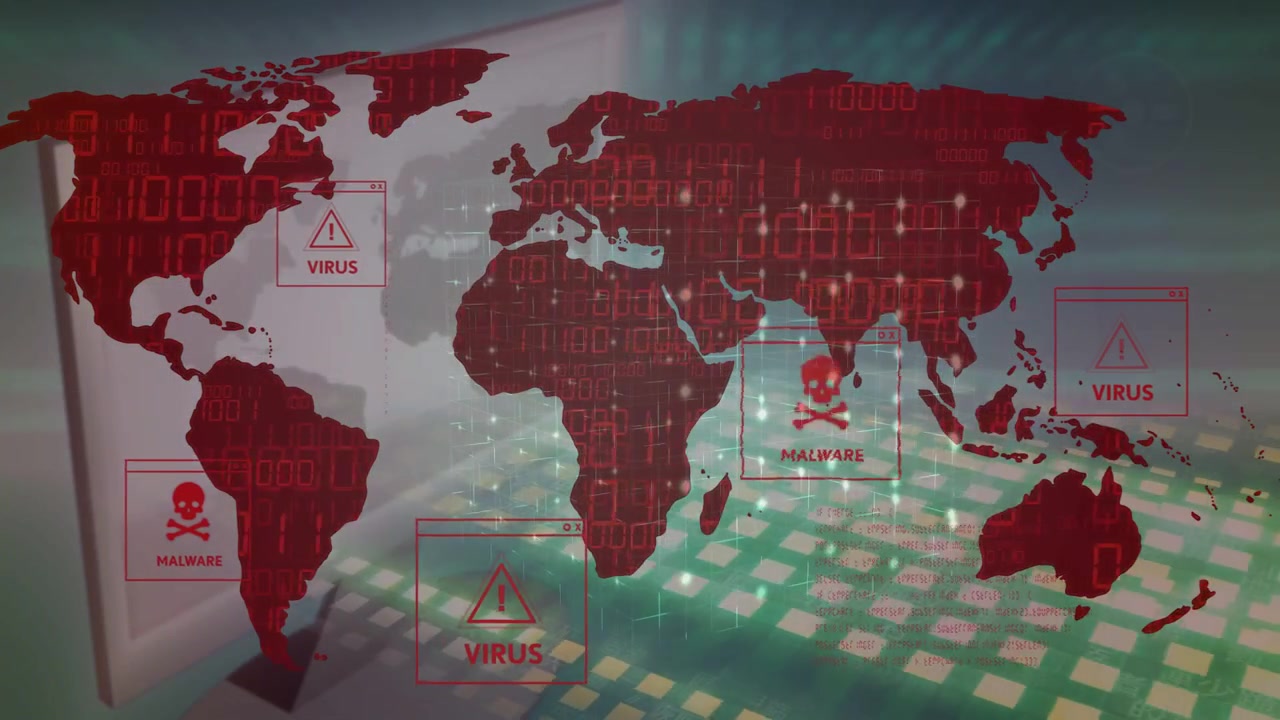 Translucent red map on malware showing alerts popping grid pulsing streaks falling signaling spread