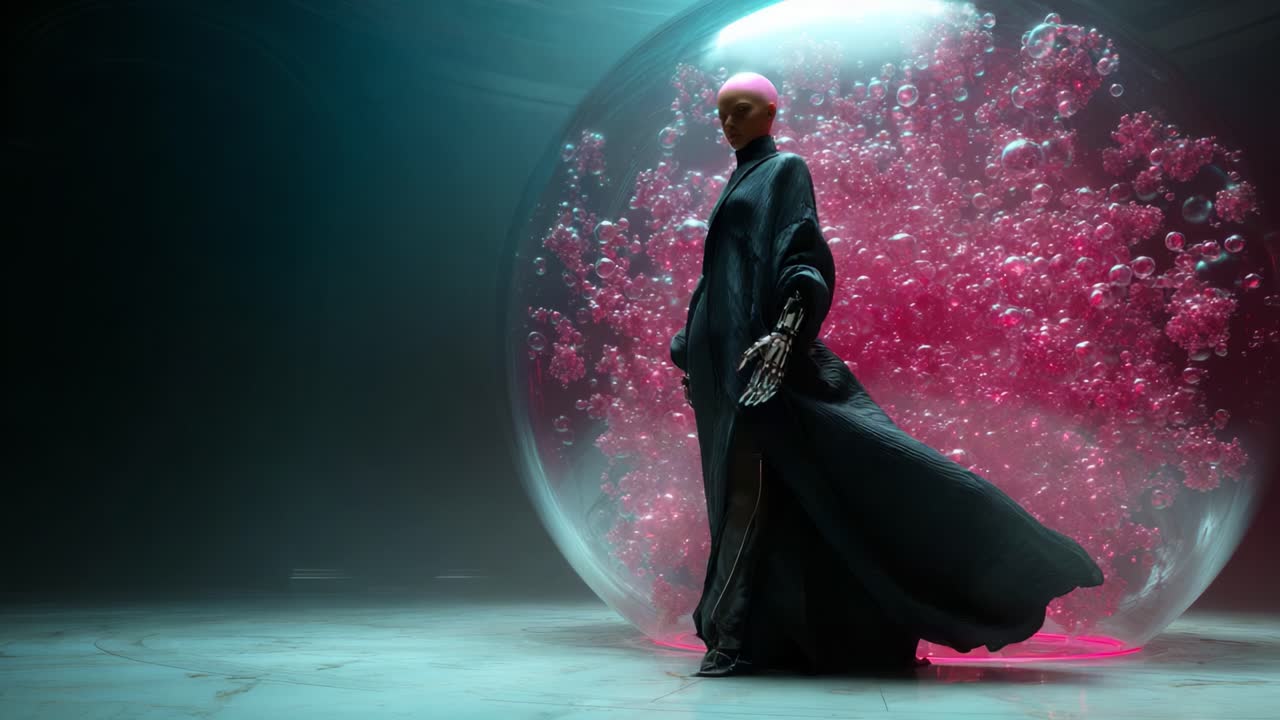 A futuristic figure with a metallic hand stands gracefully inside a large transparent bubble filled with vibrant pink bubbles, creating an enchanting and surreal atmosphere