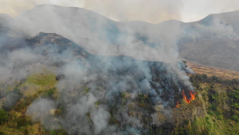 Luftaufnahme-Des-Fluges-über-Buschfeuerrauch,-Der-Die-Kontrastreiche-Malerische-Küstenlandschaft-Neuseelands-Offenbart