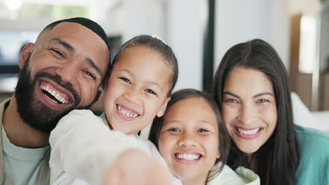 face, happy family or selfie with love on couch