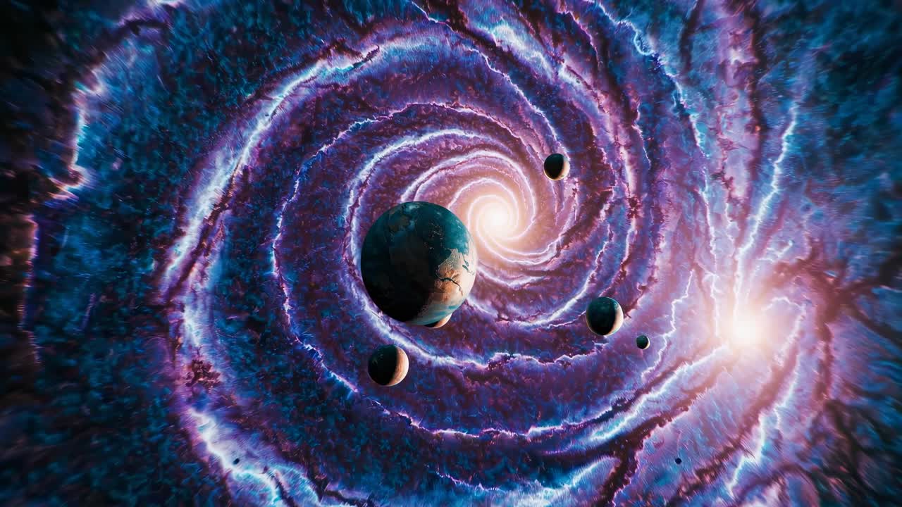Spiral galaxy video with a top-down angle, featuring swirling cosmic clouds and planets