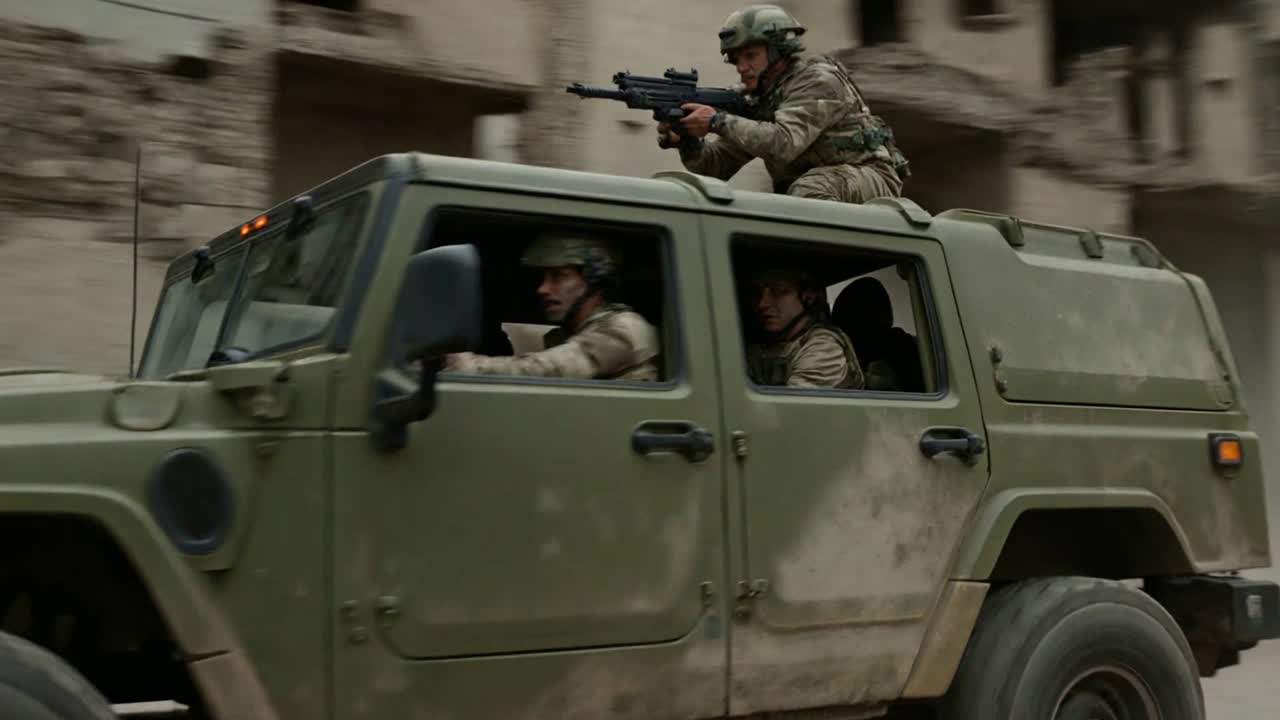 Armed Soldiers in Humvees Patrolling a War Zone
