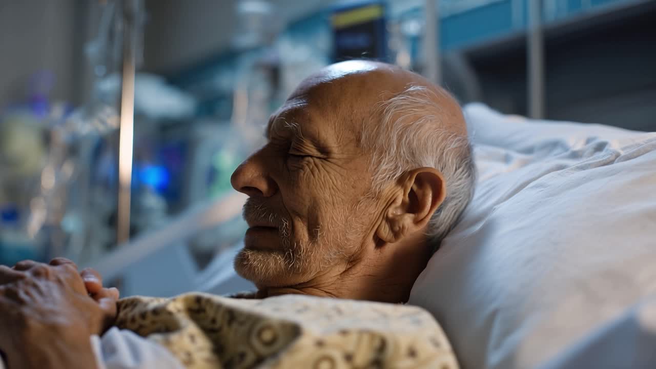 Un anziano riposa serenamente nel letto d'ospedale. Una luce soffusa illumina la sua espressione tranquilla. Attrezzature mediche lo circondano discretamente. La scena evoca dignità silenziosa e immobilità.