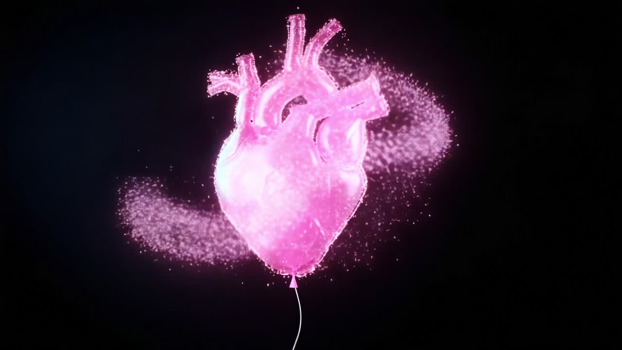 A stunning visual of a pink heart-shaped balloon surrounded by sparkling effects set against a dark backdrop, symbolizing love, joy, and emotional connections