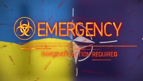 animación del texto de emergencia y el símbolo sobre las banderas de ucrania y la otan